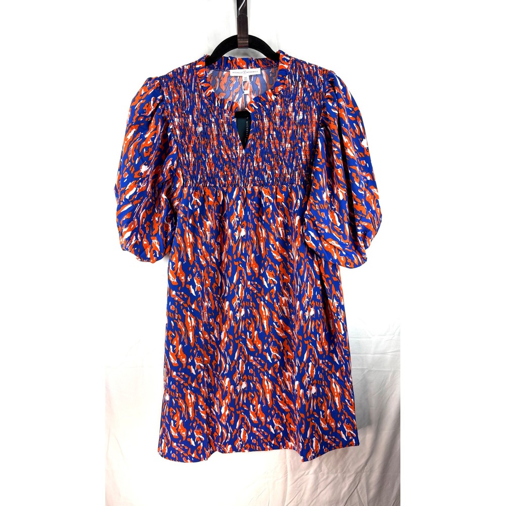 Michelle McDowell Amelia Dress Tiger Tail Blue Orange Smocked Puff Sleeve Mini M